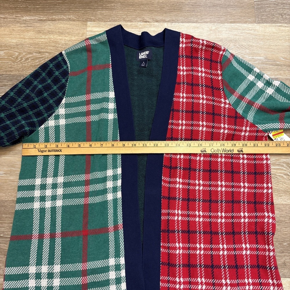 Lands' End Sweater Cotton Sz L 14-16 Red Green Open Cardigan Pockets Christmas - Picture 5 of 7